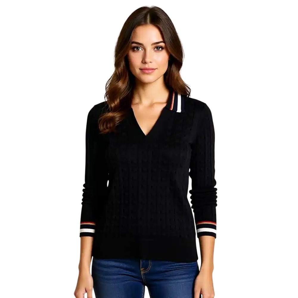 Tommy Hilfiger Womens Black Cable Knit V-Neck Striped Collar Sweater Large NWT
